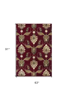 5' X 8' Red and Ivory Floral Area Rug
