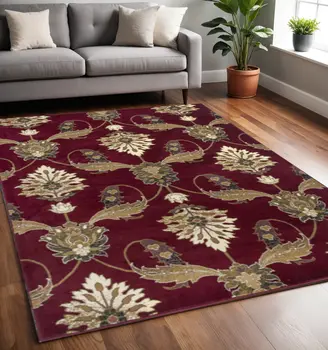 5' X 8' Red and Ivory Floral Area Rug