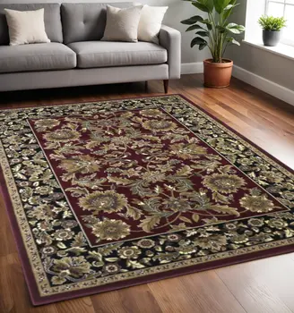 5' X 8' Red Or Black Floral Bordered Area Rug