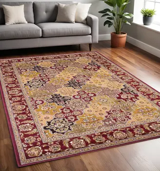 5' X 8' Red Floral Panel Bordered Area Rug