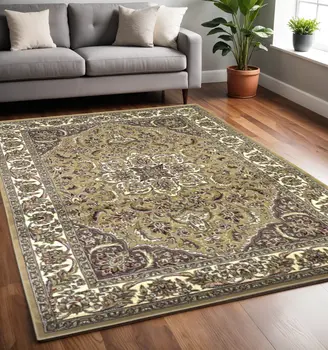 5' X 8' Beige And Ivory Floral Medallion Area Rug