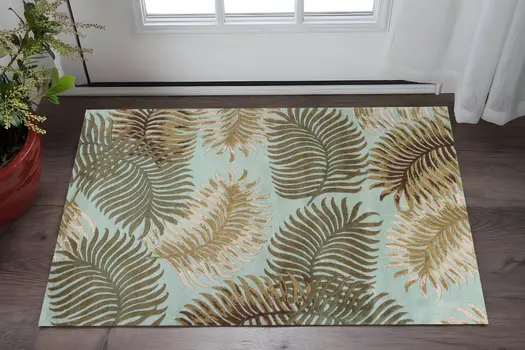 3' X 5' Aqua Fern Leaves Wool Area Rug