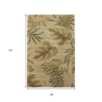 3' X 5' Sand And Beige Wool Botanical Leaves Hand Tufted Area Rug