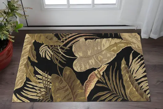 3' X 5' Black And Green Wool Botanical Leaves Hand Tufted Area Rug