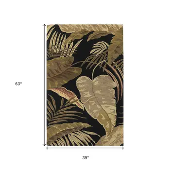 3' X 5' Black And Green Wool Botanical Leaves Hand Tufted Area Rug