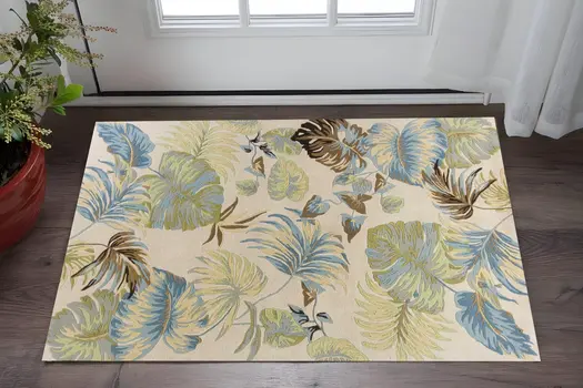 3' X 5' Ivory And Blue Wool Botanical Leaves Hand Tufted Area Rug