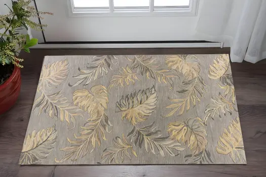 3' X 5' Gray And Taupe Wool Tropical Botanical Hand Tufted Area Rug