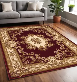 5' X 8' Red and Ivory Floral Bordered Area Rug