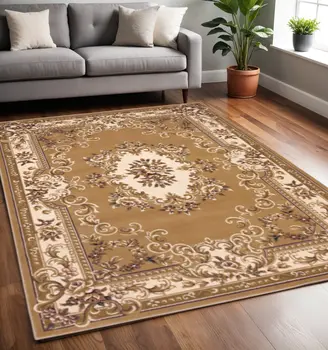 5' X 8' Beige And Ivory Floral Medallion Area Rug
