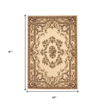 5' X 8' Ivory And Tan Floral Medallion Area Rug