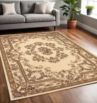 5' X 8' Ivory And Tan Floral Medallion Area Rug