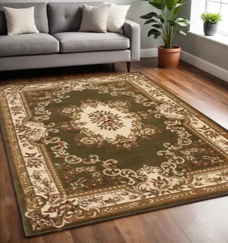 5' X 8' Green And Ivory Floral Medallion Area Rug