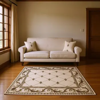 5' X 8' Ivory And Brown Floral Vines Area Rug