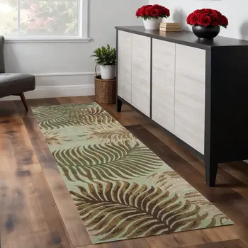 8' Aqua Blue Hand Tufted Tropical Leaves Indoor Runner Rug