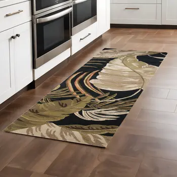 8' Black Beige And Brown Wool Botanical Leaves Hand Tufted Runner Rug