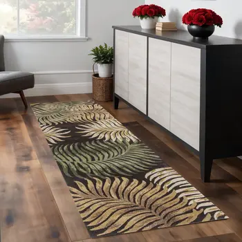 8' Espresso Brown Hand Tufted Tropical Leaves Indoor Runner Rug