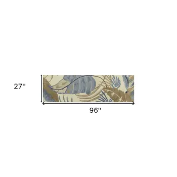 8' Ivory and Blue Wool Tropical Botanical Hand Tufted Runner Rug