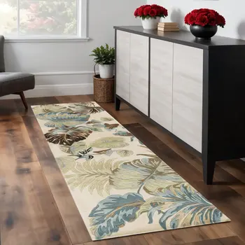 8' Ivory Blue Hand Tufted Tropical Leaves Indoor Runner Rug