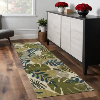 8' Ivory Hand Tufted Oversized Tropical Leaves Indoor Runner Rug