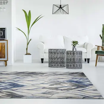 5' X 8' Gray And Navy Blue Tropical Botanical Area Rug