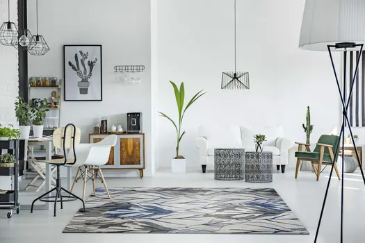 5' X 8' Gray And Navy Blue Tropical Botanical Area Rug