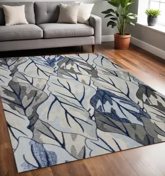 5' X 8' Gray And Navy Blue Tropical Botanical Area Rug