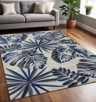5' X 8' Gray And Blue Tropical Botanical Area Rug