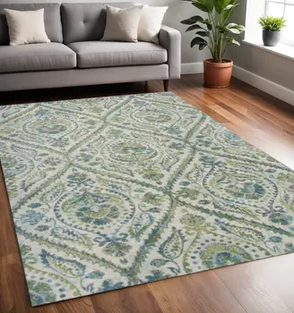 5' X 8' Ivory And Teal Tropical Floral Area Rug