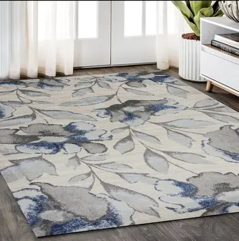 5' X 8' Gray And Blue Floral Area Rug