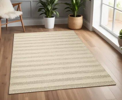 3' X 5' Ivory And White New Zealand Lambs Wool Striped Hand Woven Area Rug