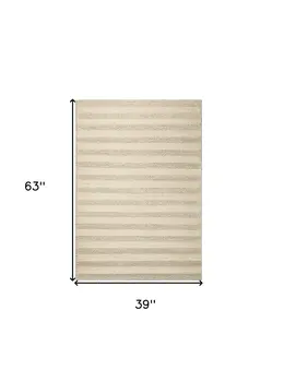 3' X 5' Ivory And White New Zealand Lambs Wool Striped Hand Woven Area Rug