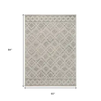 5' X 7' Sand And Light Gray Wool Geometric Hand Hooked Area Rug