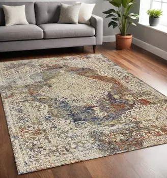 5' X 8' Ivory And Orange Medallion Area Rug