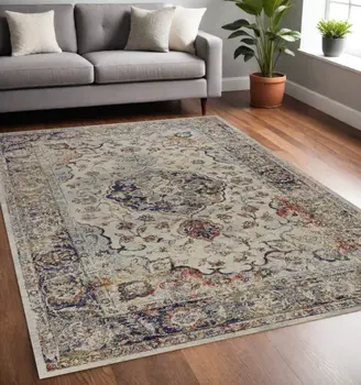 5' X 8' Ivory Floral Medallion Area Rug
