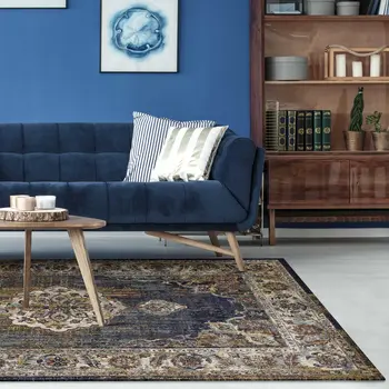 5' X 8' Navy Gold and Ivory Floral Medallion Area Rug
