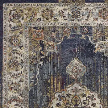 5' X 8' Navy Gold and Ivory Floral Medallion Area Rug