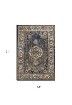 5' X 8' Navy Gold and Ivory Floral Medallion Area Rug