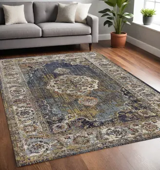 5' X 8' Navy Gold and Ivory Floral Medallion Area Rug