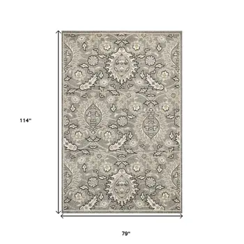 7' X 9' Gray and Ivory Floral Vines Area Rug With UV Protection