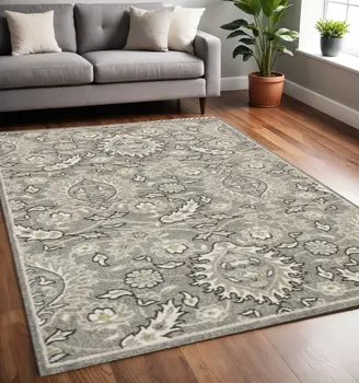 7' X 9' Gray and Ivory Floral Vines Area Rug With UV Protection