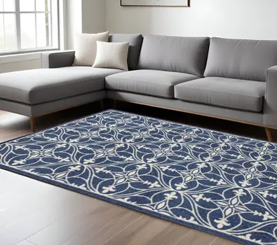 7' X 9' Denim Blue And Ivory Trellis Area Rug