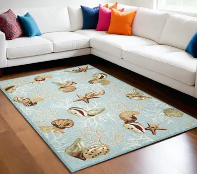 5' X 7' Blue And Beige Seashell and Coral Hand Hooked Area Rug