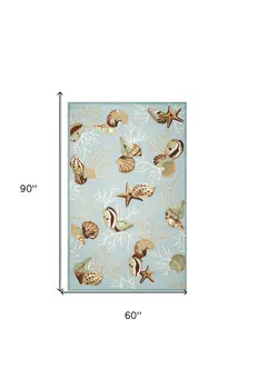 5' X 7' Blue And Beige Seashell and Coral Hand Hooked Area Rug
