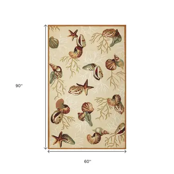 5' X 7' Beige And Brown Seashell and Coral Hand Hooked Area Rug