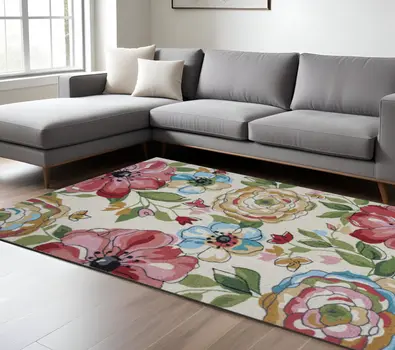 5' X 8' Sand Beige And Red Floral Hand Hooked Area Rug
