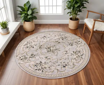 8' Light Gray And Green Floral Round Rug