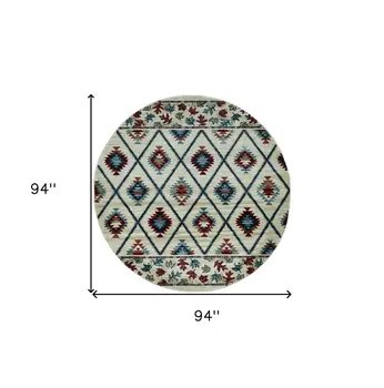 8' Ivory Blue And Red Geometric Round Rug