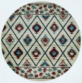 8' Ivory Blue And Red Geometric Round Rug