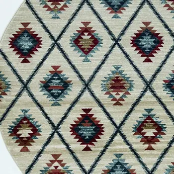 8' Ivory Blue And Red Geometric Round Rug