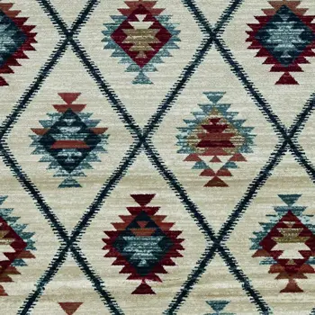 8' Ivory Blue And Red Geometric Round Rug